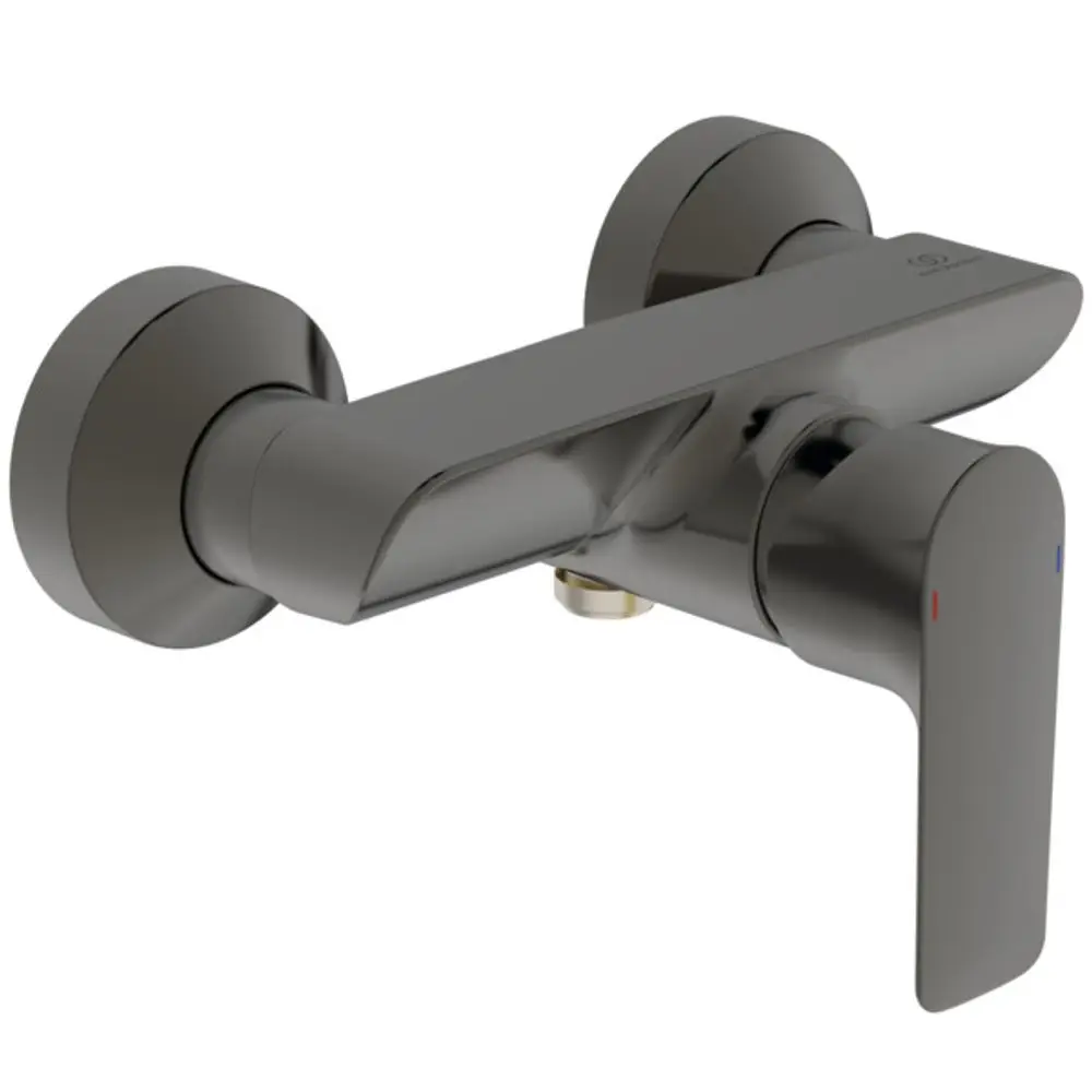 Wandmontierte Brausearmatur in Metallic-Grau von Ideal Standard, mit einem Hebel zur Wasserregulierung und zwei runden Wandanschlüssen.